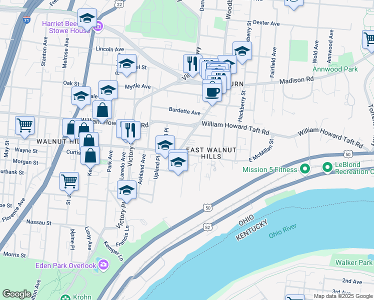 map of restaurants, bars, coffee shops, grocery stores, and more near 7 Woodburn Avenue in Cincinnati