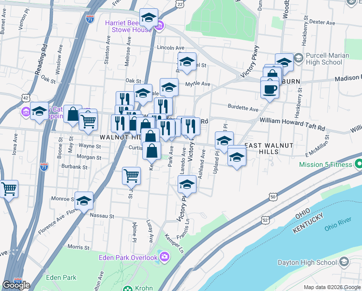 map of restaurants, bars, coffee shops, grocery stores, and more near 1100 East McMillan Street in Cincinnati