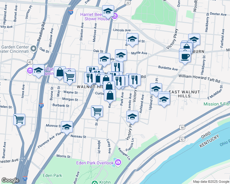 map of restaurants, bars, coffee shops, grocery stores, and more near 2500 Kemper Lane in Cincinnati