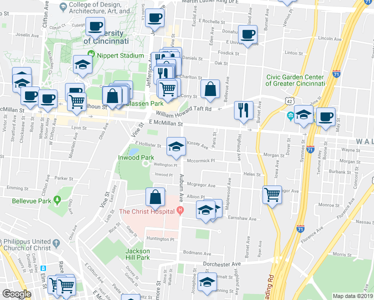 map of restaurants, bars, coffee shops, grocery stores, and more near 2411 Auburn Avenue in Cincinnati