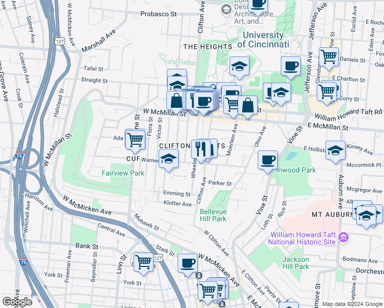 map of restaurants, bars, coffee shops, grocery stores, and more near 2336 Wheeler Street in Cincinnati