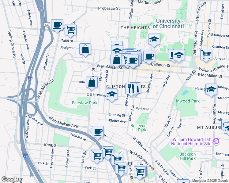 map of restaurants, bars, coffee shops, grocery stores, and more near 2328 Chickasaw Street in Cincinnati