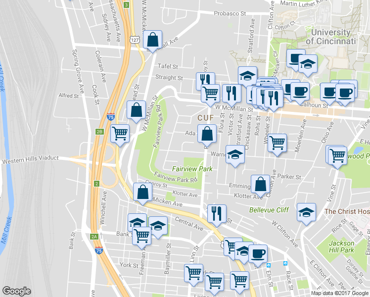 map of restaurants, bars, coffee shops, grocery stores, and more near 2321 Muriel Court in Cincinnati