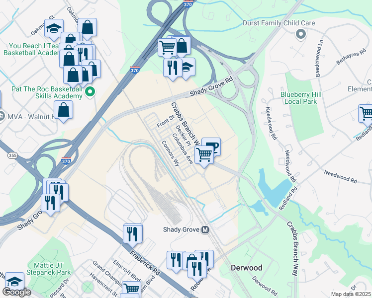 map of restaurants, bars, coffee shops, grocery stores, and more near 8087 Red Hook Street in Derwood
