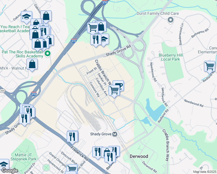 map of restaurants, bars, coffee shops, grocery stores, and more near 8040 Red Hook Street in Derwood