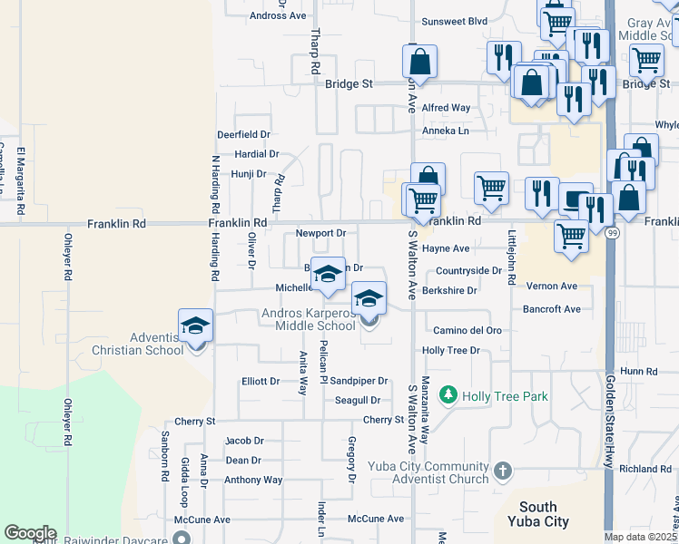 map of restaurants, bars, coffee shops, grocery stores, and more near 1720 Barrington Drive in Yuba City