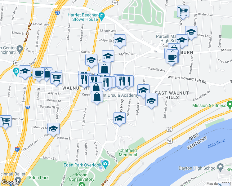 map of restaurants, bars, coffee shops, grocery stores, and more near 1100 East McMillan Street in Cincinnati