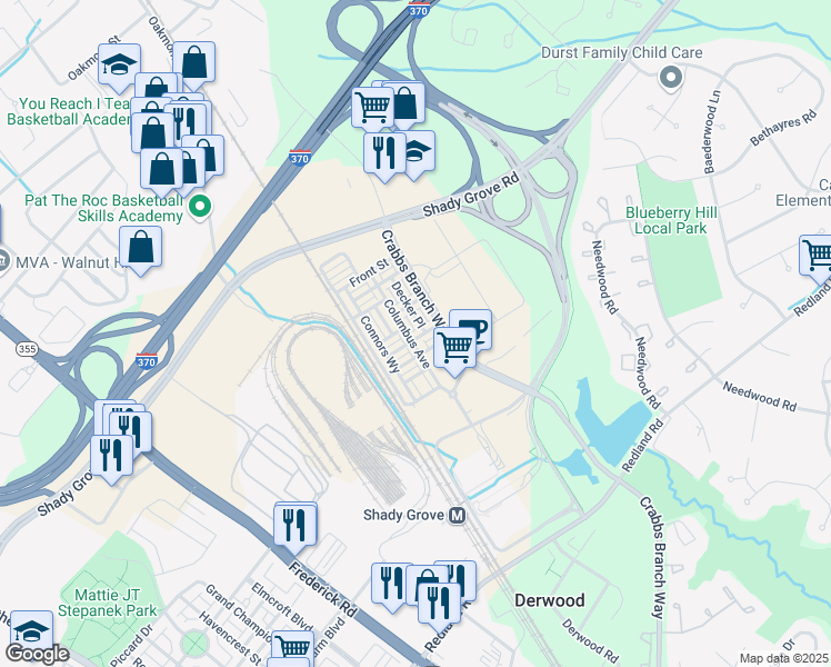 map of restaurants, bars, coffee shops, grocery stores, and more near 8083 Red Hook Street in Derwood