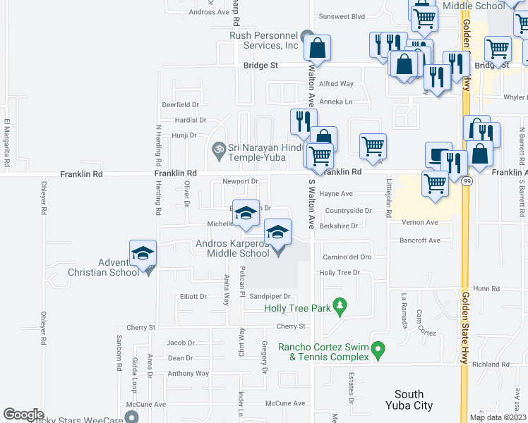 map of restaurants, bars, coffee shops, grocery stores, and more near 1702 Barrington Drive in Yuba City