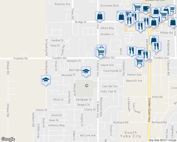 map of restaurants, bars, coffee shops, grocery stores, and more near 1660 Barrington Drive in Yuba City
