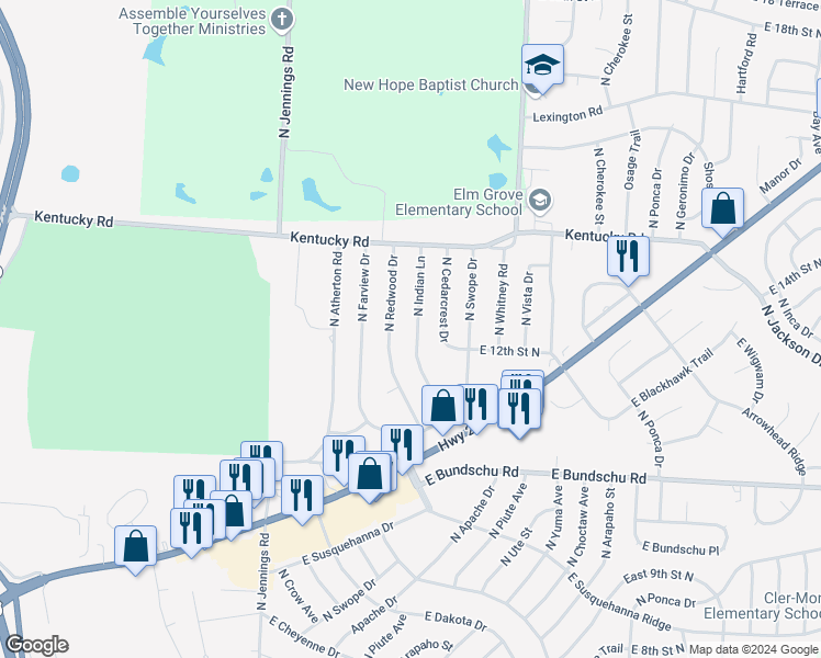 map of restaurants, bars, coffee shops, grocery stores, and more near 1206 North Indian Lane in Independence