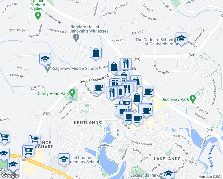 map of restaurants, bars, coffee shops, grocery stores, and more near 106 Booth Street in Gaithersburg