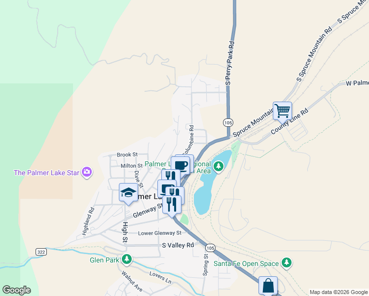 map of restaurants, bars, coffee shops, grocery stores, and more near 365 Upper Glenway Road in Palmer Lake