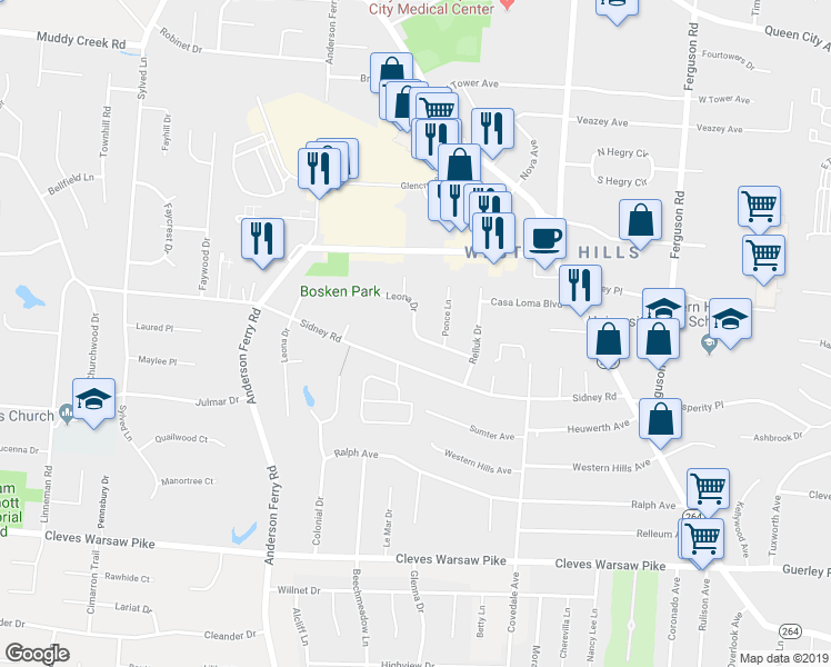 map of restaurants, bars, coffee shops, grocery stores, and more near 5212 Leona Drive in Cincinnati