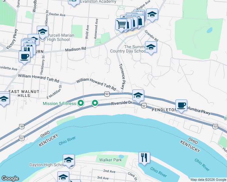 map of restaurants, bars, coffee shops, grocery stores, and more near 1941 William Howard Taft Road in Cincinnati