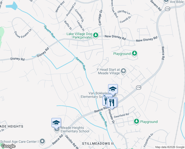 map of restaurants, bars, coffee shops, grocery stores, and more near 8029 Brookmead Court in Severn