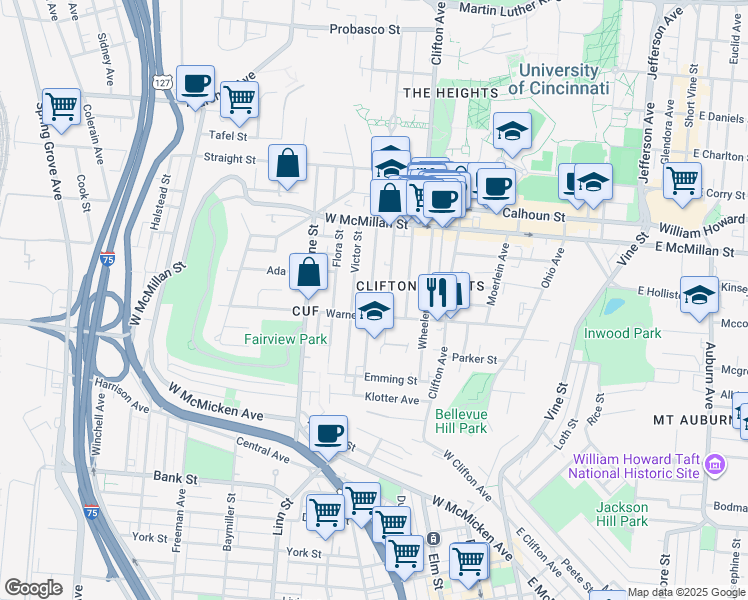 map of restaurants, bars, coffee shops, grocery stores, and more near 2320 Victor Street in Cincinnati