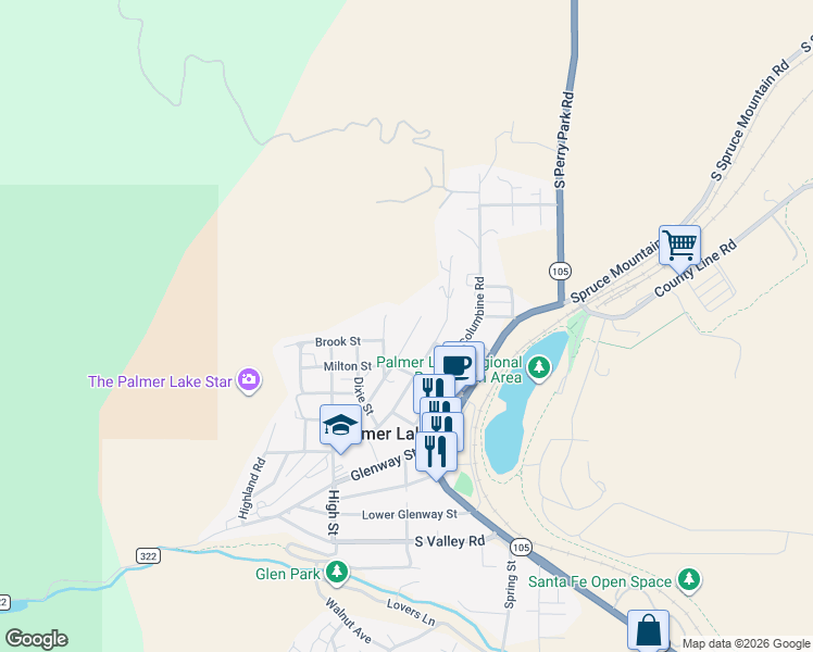 map of restaurants, bars, coffee shops, grocery stores, and more near 506 Viola Street in Palmer Lake