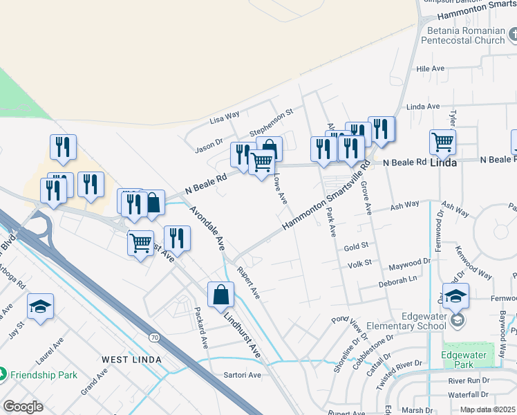 map of restaurants, bars, coffee shops, grocery stores, and more near 1491 Hammonton Smartsville Road in Linda