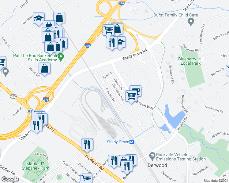 map of restaurants, bars, coffee shops, grocery stores, and more near 8091 Tribeca Street in Derwood