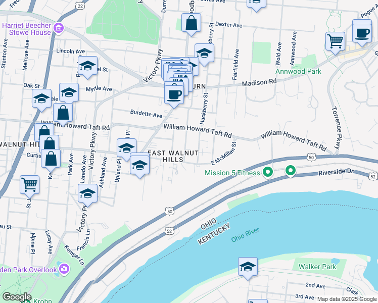 map of restaurants, bars, coffee shops, grocery stores, and more near 2515 Moorman Avenue in Cincinnati