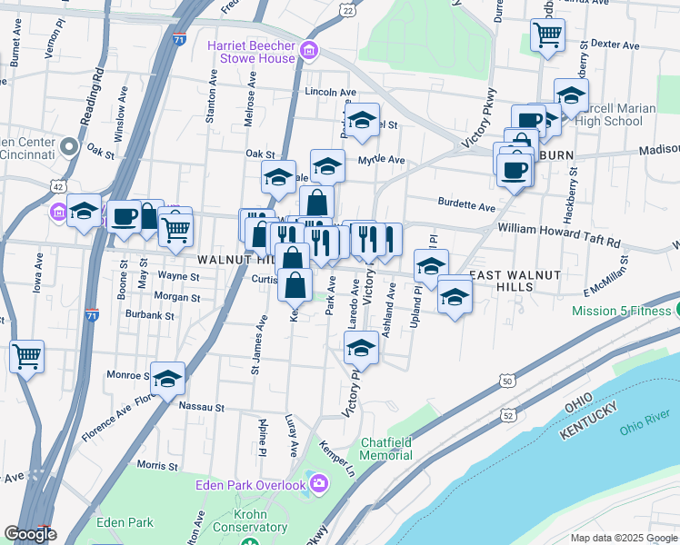 map of restaurants, bars, coffee shops, grocery stores, and more near 1100 East McMillan Street in Cincinnati