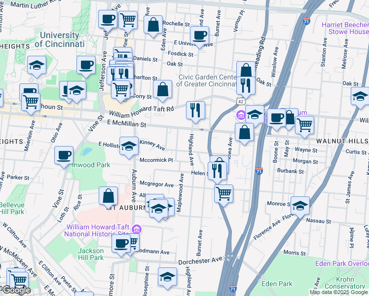 map of restaurants, bars, coffee shops, grocery stores, and more near 2439 Highland Avenue in Cincinnati