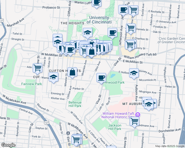 map of restaurants, bars, coffee shops, grocery stores, and more near 2407 Ohio Avenue in Cincinnati