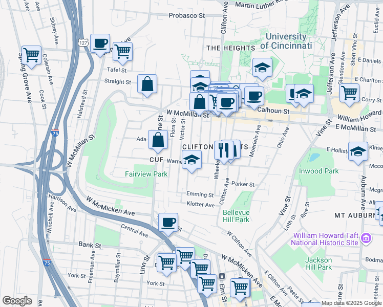 map of restaurants, bars, coffee shops, grocery stores, and more near 2320 Victor Street in Cincinnati