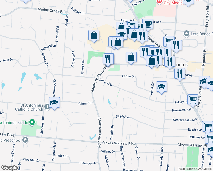 map of restaurants, bars, coffee shops, grocery stores, and more near 5306 Sidney Road in Cincinnati