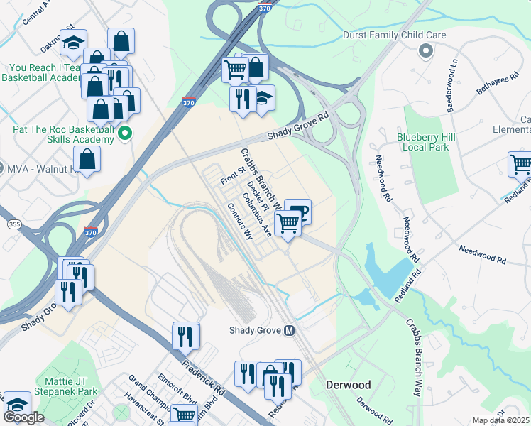 map of restaurants, bars, coffee shops, grocery stores, and more near 8071 Red Hook Street in Derwood