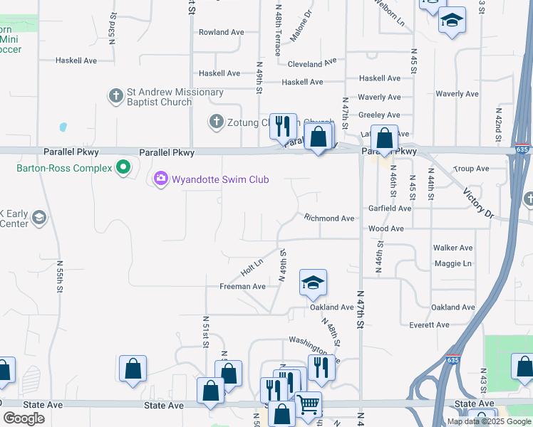 map of restaurants, bars, coffee shops, grocery stores, and more near 1833 North 49 Terrace in Kansas City