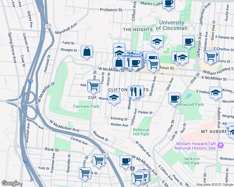 map of restaurants, bars, coffee shops, grocery stores, and more near 2317 Chickasaw Street in Cincinnati