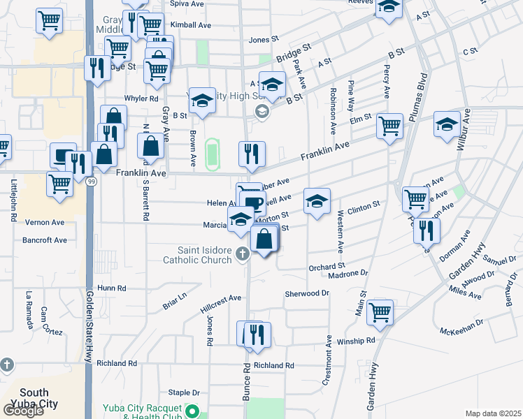map of restaurants, bars, coffee shops, grocery stores, and more near 948 Jewell Avenue in Yuba City