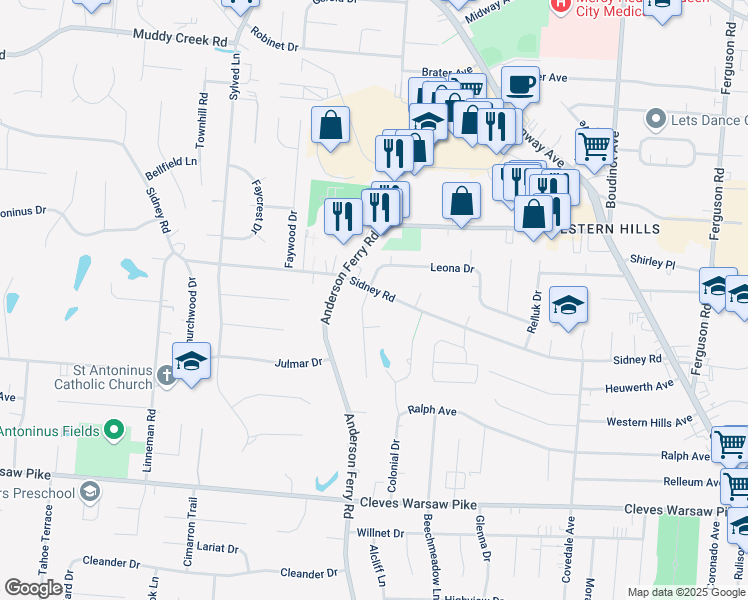 map of restaurants, bars, coffee shops, grocery stores, and more near 5306 Sidney Road in Cincinnati