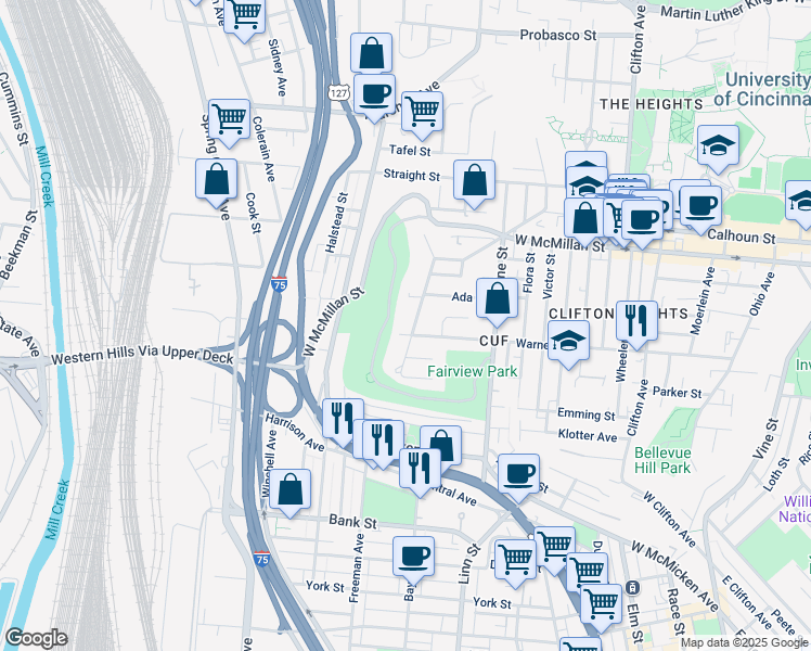 map of restaurants, bars, coffee shops, grocery stores, and more near in Cincinnati