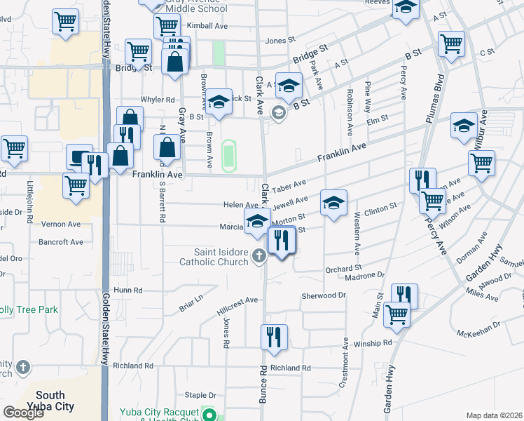 map of restaurants, bars, coffee shops, grocery stores, and more near 53 Clark Avenue in Yuba City