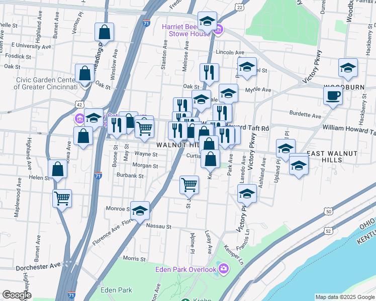 map of restaurants, bars, coffee shops, grocery stores, and more near in Cincinnati