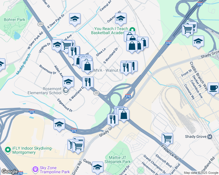 map of restaurants, bars, coffee shops, grocery stores, and more near 208 Skidmore Boulevard in Gaithersburg
