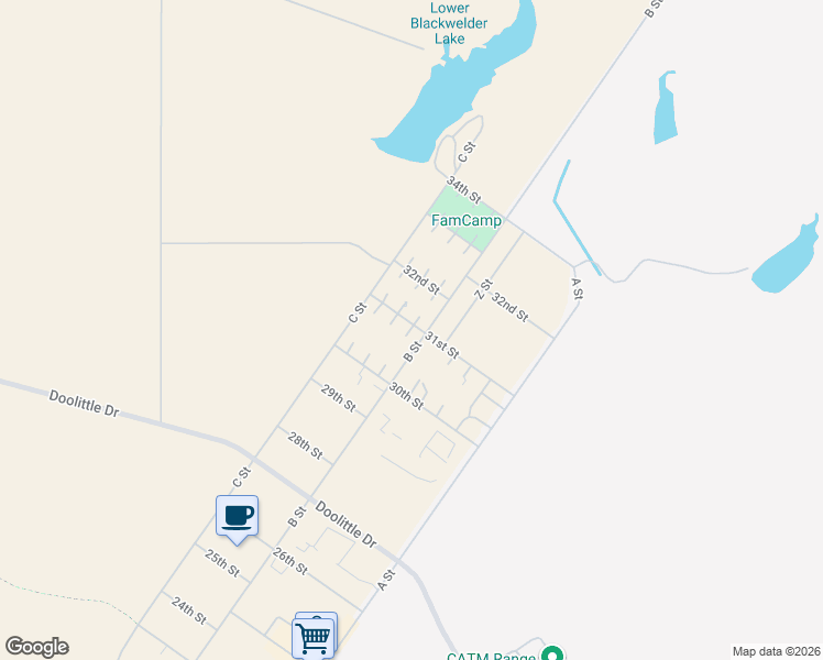 map of restaurants, bars, coffee shops, grocery stores, and more near 95 Spruce Lane in Beale Air Force Base
