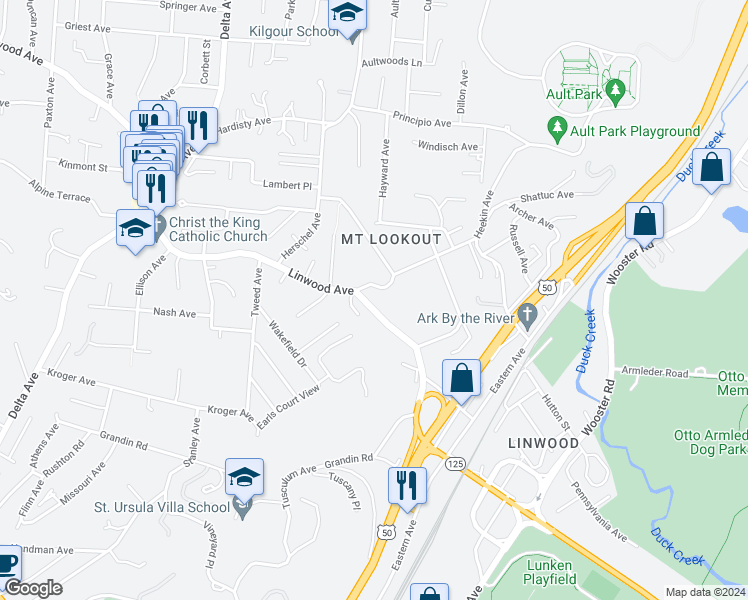 map of restaurants, bars, coffee shops, grocery stores, and more near 4831 Beverly Hill Drive in Cincinnati