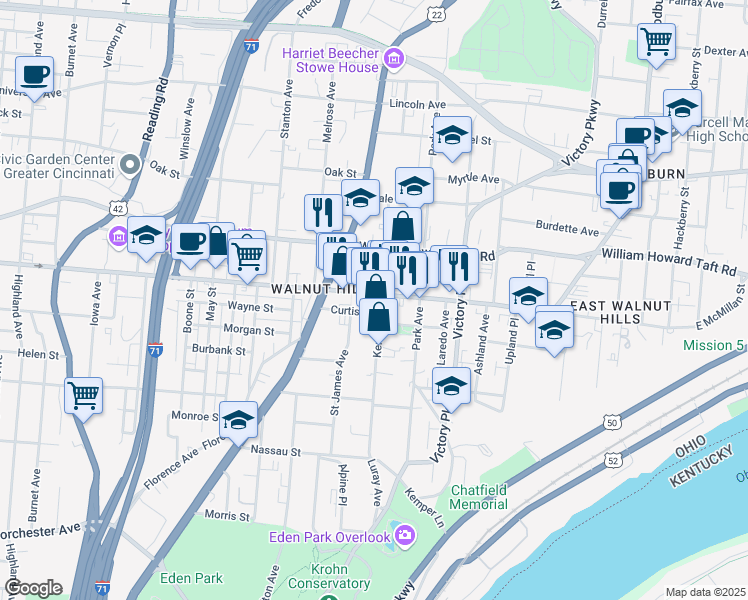 map of restaurants, bars, coffee shops, grocery stores, and more near 2500 Kemper Lane in Cincinnati
