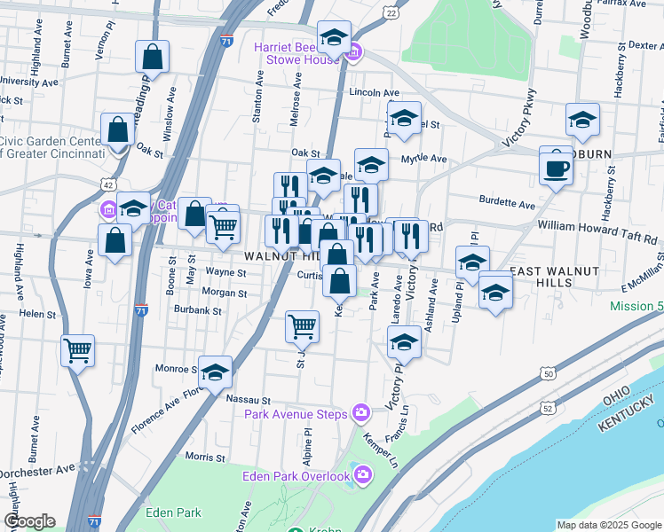 map of restaurants, bars, coffee shops, grocery stores, and more near 939 East McMillan Street in Cincinnati