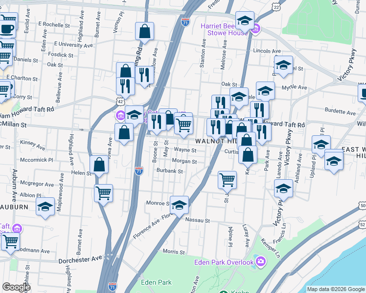 map of restaurants, bars, coffee shops, grocery stores, and more near 731 East McMillan Street in Cincinnati