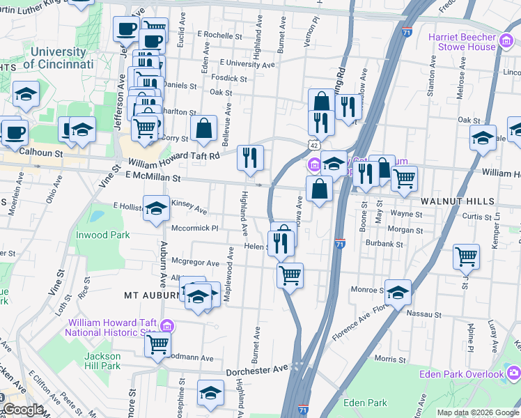 map of restaurants, bars, coffee shops, grocery stores, and more near 2499 U.S. 42 in Cincinnati
