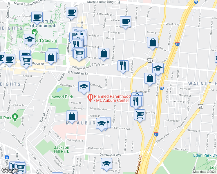 map of restaurants, bars, coffee shops, grocery stores, and more near 2474 Paris Street in Cincinnati