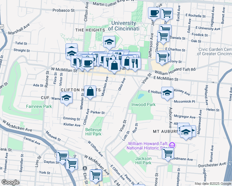 map of restaurants, bars, coffee shops, grocery stores, and more near 2407 Ohio Avenue in Cincinnati