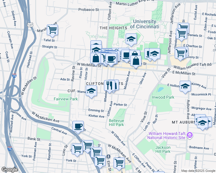 map of restaurants, bars, coffee shops, grocery stores, and more near 2336 Wheeler Street in Cincinnati