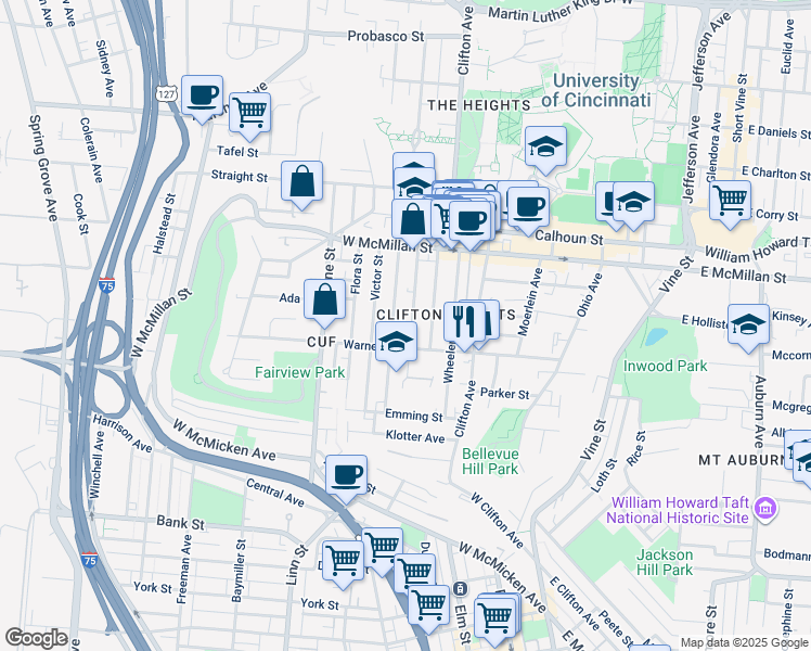 map of restaurants, bars, coffee shops, grocery stores, and more near 2328 Chickasaw Street in Cincinnati