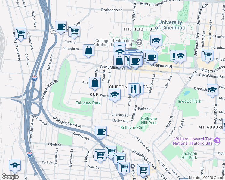 map of restaurants, bars, coffee shops, grocery stores, and more near 2320 Victor Street in Cincinnati
